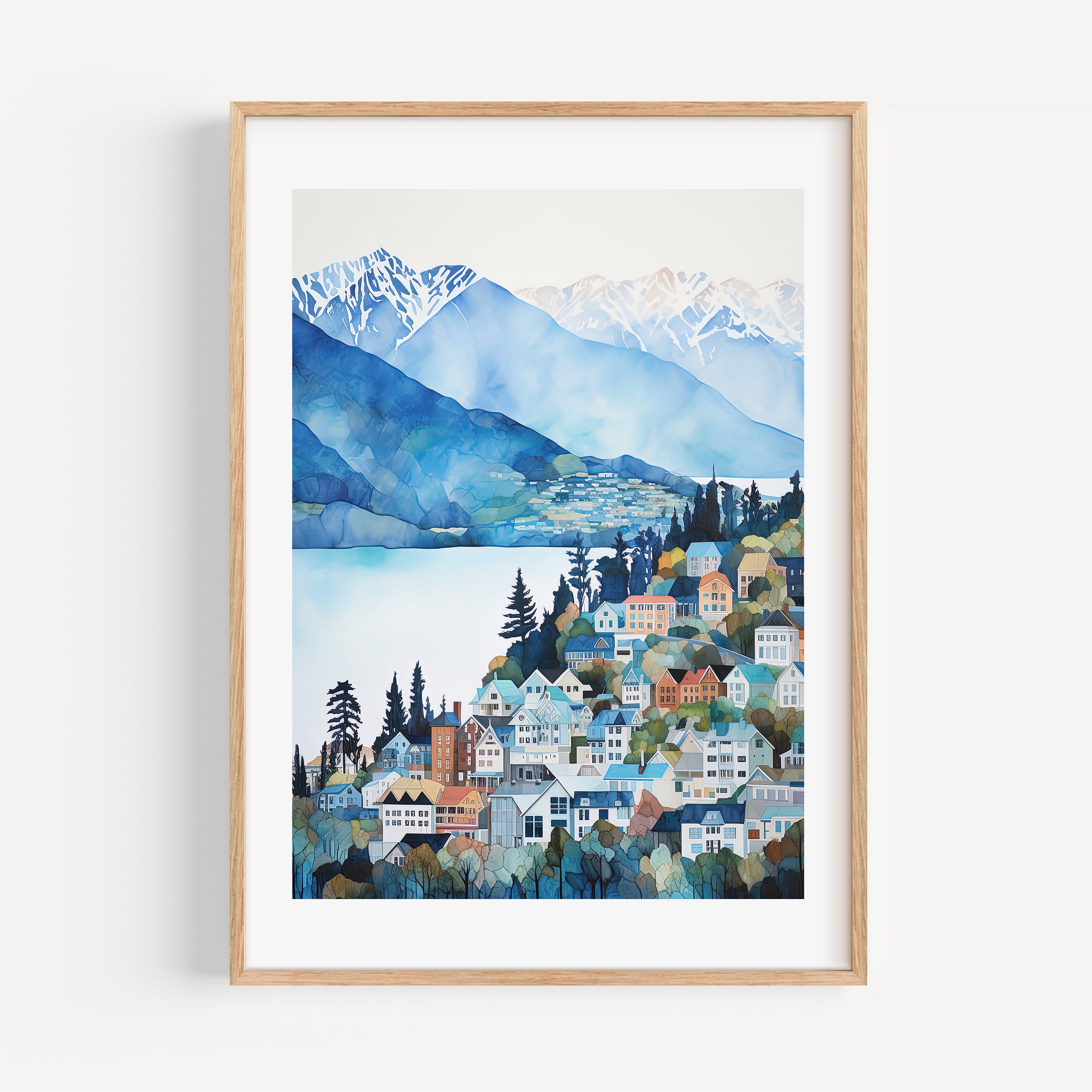 Queenstown New Zealand Art Print Watercolor Travel Housewarming Gift Home Decor