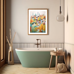 May include: A framed illustration of a colorful cityscape with houses and trees. The illustration is in a bathroom setting with a green bathtub and a wooden stool.