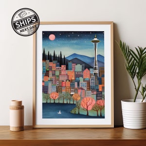 Seattle Watercolor Art Print Modern Travel Gift for Contemporary Home Housewarming Gift