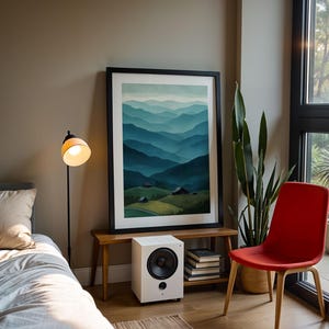 May include: A framed landscape art print depicts layered blue mountains under a light blue sky. A white speaker, books, and a floor lamp with a yellow lampshade are also visible. A red chair and a large plant are near a window.