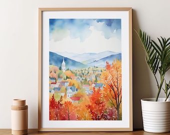 Stowe Vermont aquarel kunstprint, herfstscène giclée