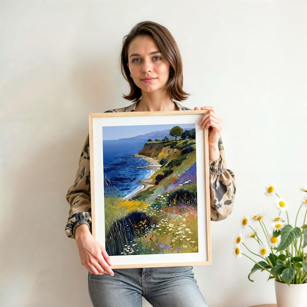 Druk kalifornijskiego wybrzeża – Palos Verdes Wildflower Cliff, opcje ramy dębowej