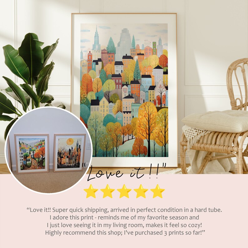 May include: A colorful painting of a city skyline with buildings and trees in autumn colors. The painting is framed and hanging on a wall. The text "Love it!!" is written below the painting.