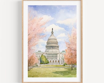 Washington DC Capitol Watercolor Print, Modern Travel Art