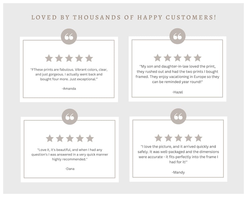 Puede incluir: Gr&aacute;fico beige claro con testimonios de clientes. El texto "LOVED BY THOUSANDS OF HAPPY CUSTOMERS!" est&aacute; en la parte superior. Cuatro rese&ntilde;as de clientes se muestran en cuadros blancos con bordes grises, cada una con una calificaci&oacute;n de cinco estrellas y una cita.