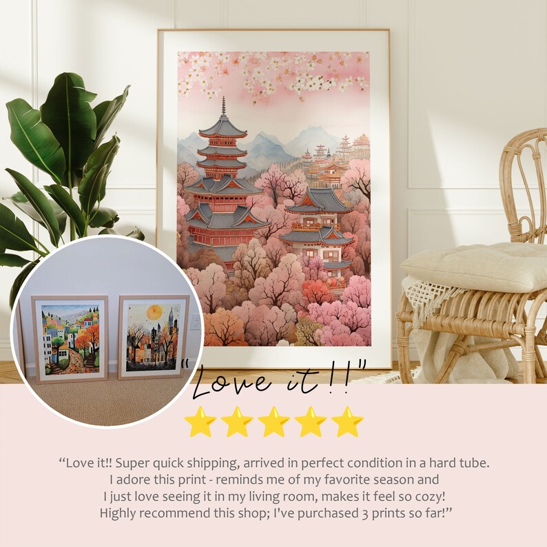 May include: A watercolor painting of a Japanese temple with cherry blossoms in bloom. The temple is a multi-story structure with a red roof and white walls. The cherry blossoms are pink and white and are in full bloom. The painting is framed and is hanging on a white wall. "Love it!" is written in black lettering below the painting.