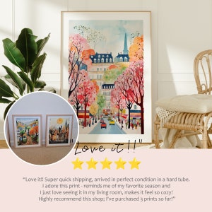 May include: Three watercolor paintings of a city street scene with buildings, trees, and cars. The paintings are framed and hanging on a white wall. The text "Love it!!" is written in black below the paintings.