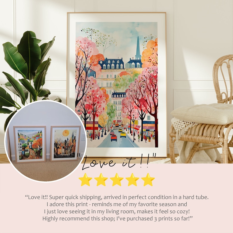 May include: Three watercolor paintings of a city street scene with buildings, trees, and cars. The paintings are framed and hanging on a white wall. The text "Love it!!" is written in black below the paintings.