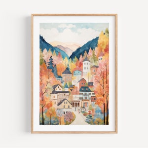 Stampa artistica ad acquerello Leavenworth, regalo moderno da viaggio dello Stato di Washington per la casa contemporanea, regalo di inaugurazione della casa