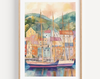 May include: Watercolour print of a harbour scene featuring two tall ships. The artwork depicts colourful buildings and mountains in the background, with a warm colour palette. The print is framed in a light wood frame.