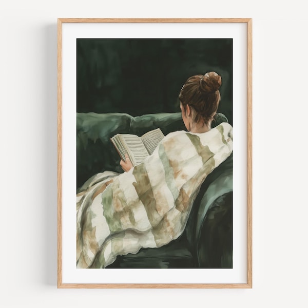 Emerald Green Reading Woman Art Print – Cozy Library Wall Decor