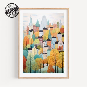 May include: A colorful illustration of a city skyline with buildings and trees in shades of yellow, orange, green, blue, and red. The buildings are clustered together and appear to be nestled in a forest.