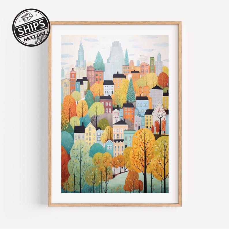 May include: A colorful illustration of a city skyline with buildings and trees in shades of yellow, orange, green, blue, and red. The buildings are clustered together and appear to be nestled in a forest.