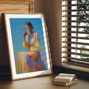 Colorful Woman Reading Wall Art for Book Lovers Room Decor Framed or Unframed Print with Real Oak Frame for Reading Nook or Bedroom