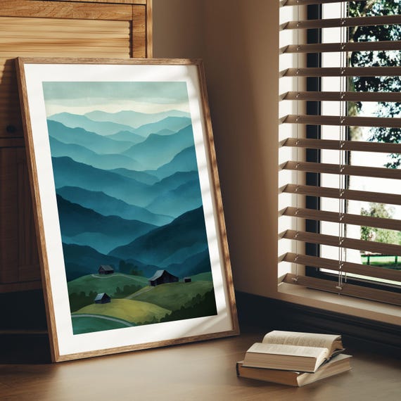 Smoky Mountains Art Print: Blue Landscape, Cozy Cabin Decor