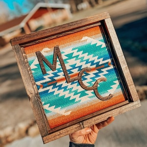 Puede incluir: Arte de pared enmarcado en madera con un colorido diseño del suroeste en turquesa, naranja y blanco. Las letras "MLC" están recortadas en madera y colocadas sobre la tela. El marco es de madera marrón oscuro.