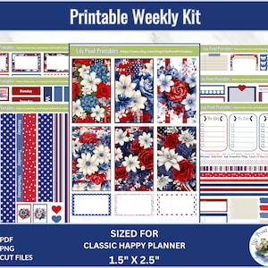 PATRIOTIC FLORAL, Printable Weekly Sticker Kit, Happy Planner Classic Stickers, Vertical Sticker Kit, Cricut, Silhouette CHP132