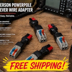 Peut inclure: Quatre adaptateurs de fil Anderson Powerpole vers levier avec boîtiers en plastique rouge et noir, connecteurs à levier gris avec leviers bleus et orange, et gaine thermorétractable noire. Le texte indique ANDERSON POWERPOLE TO LEVER WIRE ADAPTER.