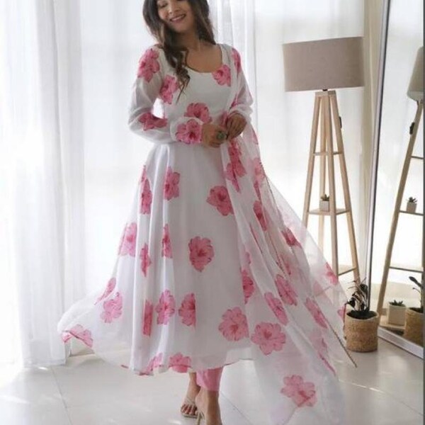 Beautiful Floral Printed , Georgette fabric long full flared anarkali gown with dupatta set, party wear dress,wedding wear suit