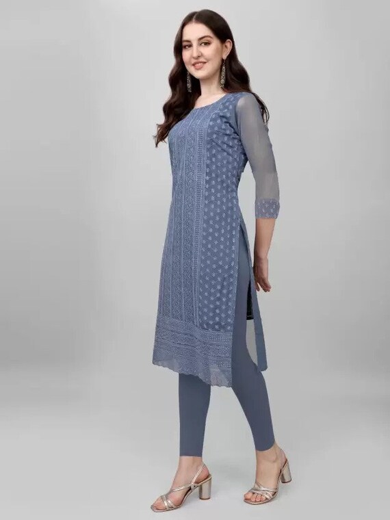 Fully Embroidered Georgette Kurti, Pant and Dupatta Set Fully Stitched –  azrakhkurtis