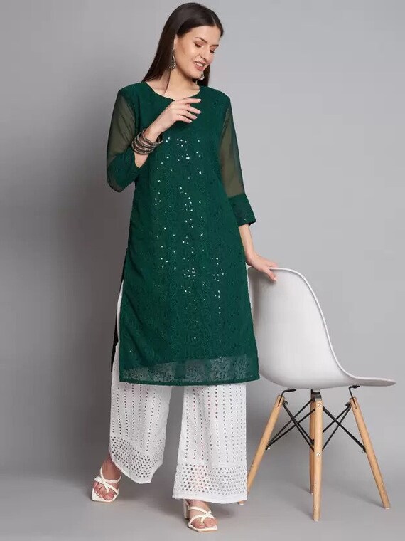 Parrot Green Short Georgette Chikankari Kurti With Bell Sleeves – STORI