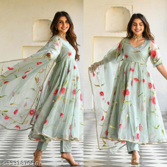 Sea Green Floral Printed Georgette Kurta