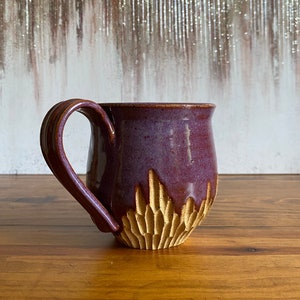 Purple handmade carved ceramic mug, wheel-thrown pottery