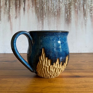 Blue handmade carved ceramic mug, wheel-thrown pottery