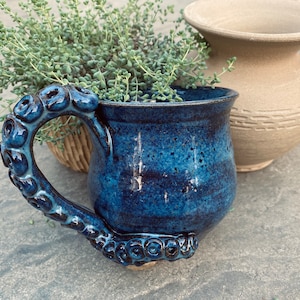 Blue handmade octopus ceramic mug, wheel-thrown pottery