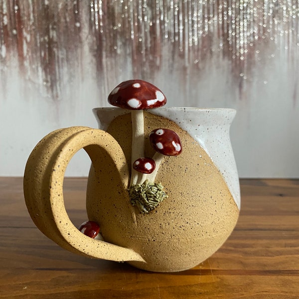 Short white handmade mushroom ceramic mug, wheel-thrown pottery