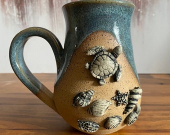 Handmade sea turtle ceramic mug, wheel-thrown pottery