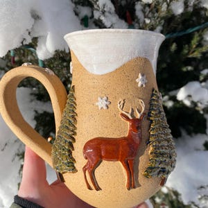 Winter deer snowy Christmas handmade ceramic mug, wheel-thrown pottery