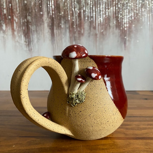 Short red handmade mushroom ceramic mug, wheel-thrown pottery