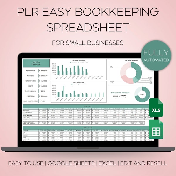 PLR Small Business Bookkeeping Spreadsheet for Excel, Expense Tracker, Google Sheets Bookkeeping Template, Business Income, Business Finance