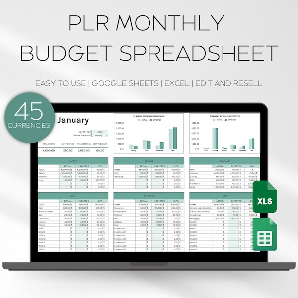 Foglio di calcolo del budget mensile PLR, Pianificatore del budget Excel PLR, Rivendi tracciatore spese Excel, Budget foglio Google, Modelli PLR, Modello Excel