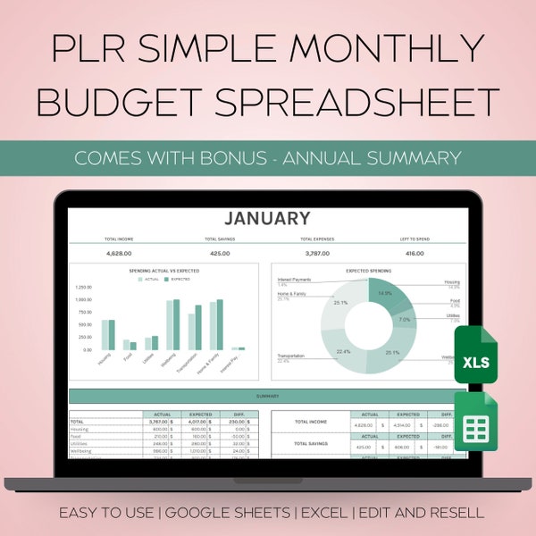 PLR Simple Monthly Budget Template, Commercial Use Money Saving Journey, PLR Excel Budget Spreadsheet, Google Sheets Budget Template