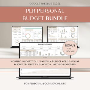 PLR Digital Products Budget Bundle Spreadsheet Weekly Monthly Budget Excel Google Sheets Personal Finances Debt Payoff Paycheck Spreadsheet