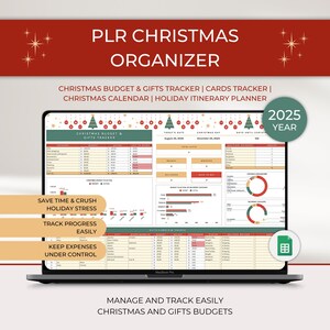 May include: A laptop displays a Christmas organizer spreadsheet with the text "PLR CHRISTMAS ORGANIZER." The screen shows a Christmas budget and gifts tracker, calendar, and holiday itinerary planner. The text highlights features like tracking progress and keeping expenses under control.