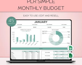 PLR månatlig budgetmall för Google Sheets, PLR privatekonomi, månatligt budgeteringsblad, hembudgetplanerare i Excel, utgiftslogg