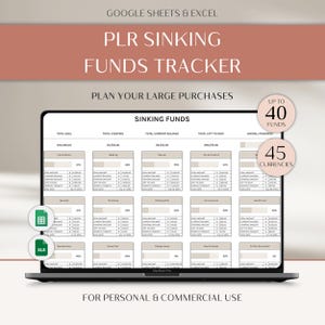 May include: A laptop screen shows a spreadsheet labelled "PLR Sinking Funds Tracker" with the text "Plan Your Large Purchases." The spreadsheet is designed for tracking funds, with headings such as "Total Goal" and "Total Starting." Icons for XLS and Google Sheets are also visible.