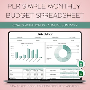 PLR Simple Monthly Budget Template, Paycheck Budget Spreadsheet, Google Sheets Budget Template, PLR Budget Planner Excel, Income and Expense