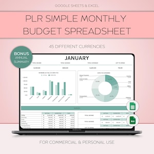 PLR Simple Monthly Budget Template, Paycheck Budget Spreadsheet, Google Sheets Budget Template, PLR Budget Planner Excel, Income and Expense
