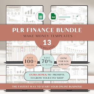 May include: A digital PLR finance bundle featuring 13 spreadsheet templates for budget tracking and financial planning. The display shows various charts, tables, and data entry fields on laptop screens, including text overlays about saving time and bonus prompts.