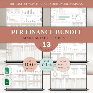 Op de afbeelding: Afbeelding van een digitale financiële bundel weergegeven op laptops, met financiële sjablonen. De afbeelding bevat de tekst "PLR FINANCE BUNDLE - MAKE MONEY TEMPLATES - 13 TEMPLATES". Extra tekst is "SAVE 100+ HOURS", "SAVE 70% AS A BUNDLE" en "DONE FOR YOU ALREADY!"