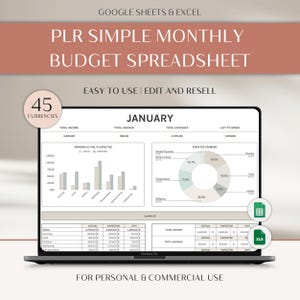 MRR Simple Monthly Budget Excel Personal Budget Spreadsheet Bill Tracker PLR Income and Expenses PLR Digital Products Paycheck Budget