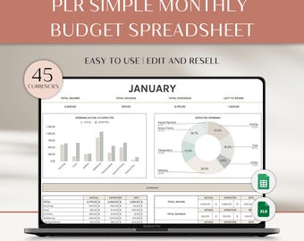 MRR Simple Monthly Budget Excel Personal Budget Spreadsheet Bill Tracker PLR Income and Expenses PLR Digital Products Paycheck Budget