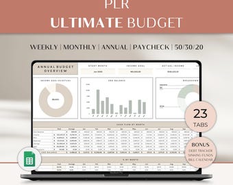 May include: A laptop displaying a Google Sheets spreadsheet titled "PLR ULTIMATE BUDGET." The screen shows financial data, charts, and the text "WEEKLY | MONTHLY | ANNUAL | PAYCHECK | 50/30/20." Additional text includes "23 TABS" and "BONUS: DEBT TRACKER, SINKING FUNDS, BILL CALENDAR."