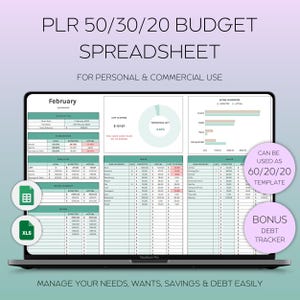 PLR 50/30/20 Budget Spreadsheet, PLR Digital Products, Budget Planner Spreadsheet, Google Sheets Budget, Financial Budget, Expense Tracker