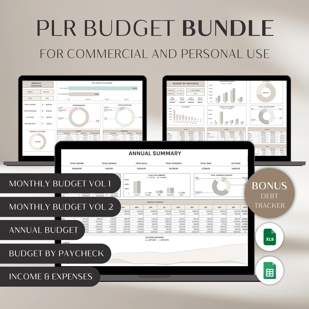 PLR Monthly Budget Bundle Spreadsheets, PLR Digital Products, Budget ...