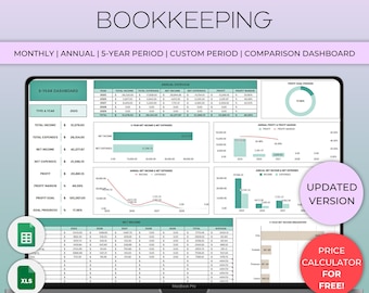 May include: A laptop screen displays a bookkeeping dashboard with charts and data tables. The text "PLR ULTIMATE BOOKKEEPING" is at the top. Additional text includes "MONTHLY | ANNUAL | 5-YEAR PERIOD" and "PRICE CALCULATOR FOR FREE!" Icons for Excel and a spreadsheet are visible.